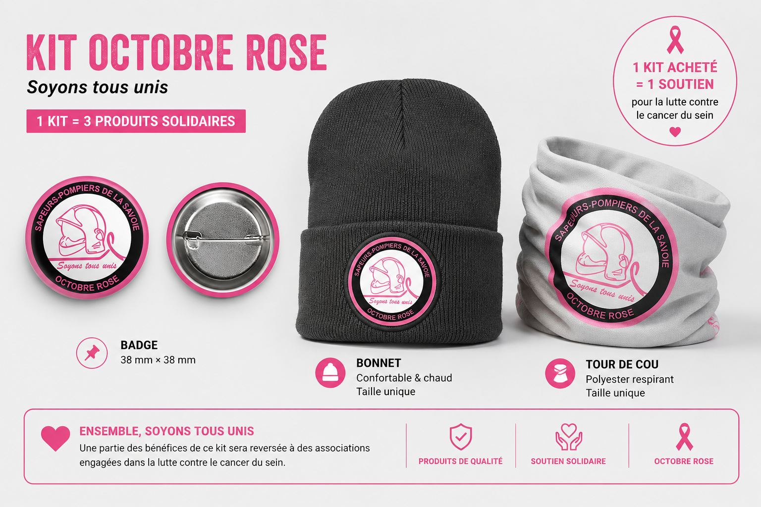 Kit complet (tour de cou + bonnet + badge)